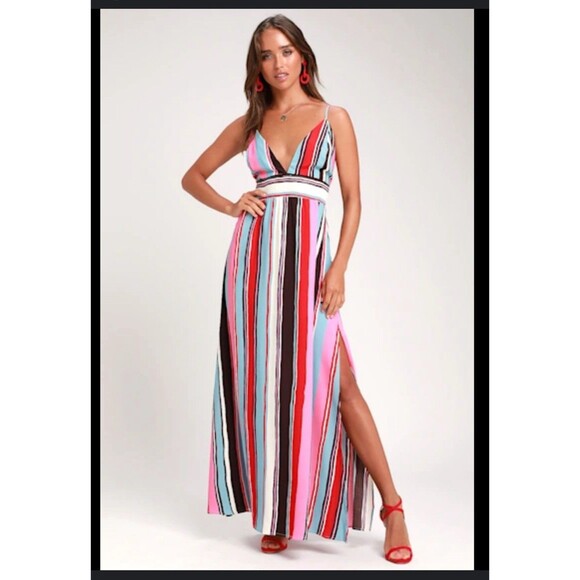 Lulus Dresses & Skirts - Lulus Andi Pink And Blue Striped Maxi Dress Triangle Top Women’s Medium